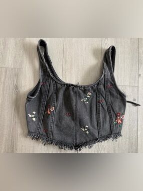 Ban Jara Black Denim Embroidered Crop Corset Top size Small